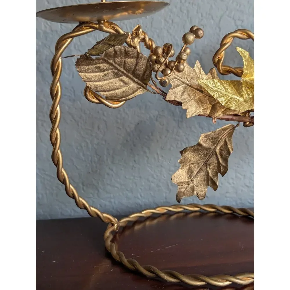 Vtg Hollywood Regency Gold Tole Metal Floral Candle Holder Centerpiece Mantel